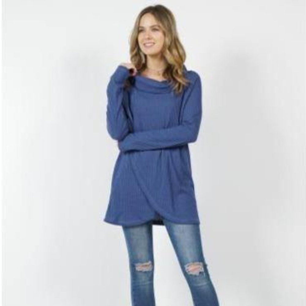 Brushed Waffle Knit Cowl Neck Tulip Front Tunic (Denim Blue)